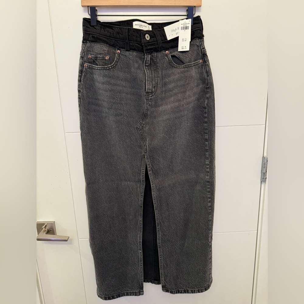 A&F Black Stacked Waistband Denim Maxi Skirt